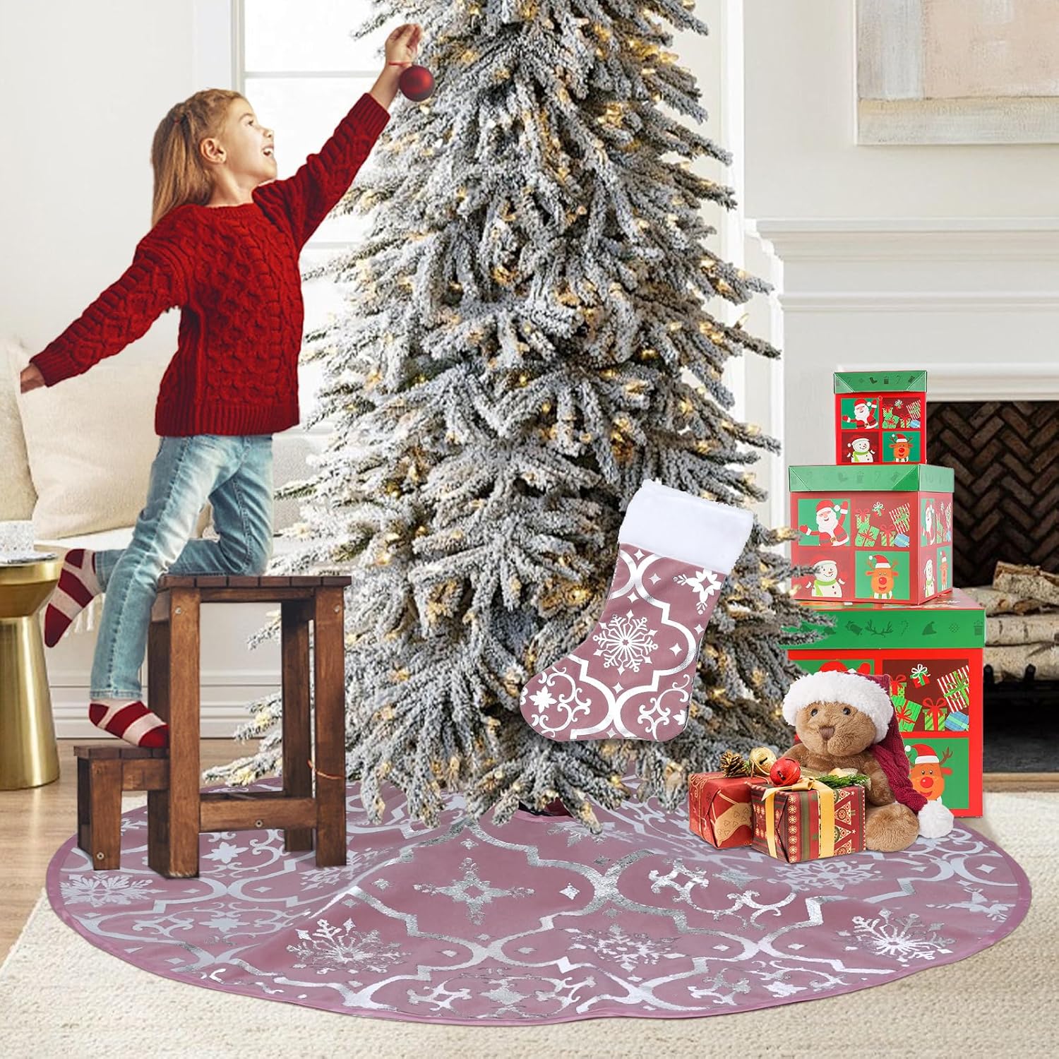 48'' Rose Pink Christmas Tree Skirt with Snowflakes - Glittery Tree Skirt for Slim Trees, Includes Matching Stocking