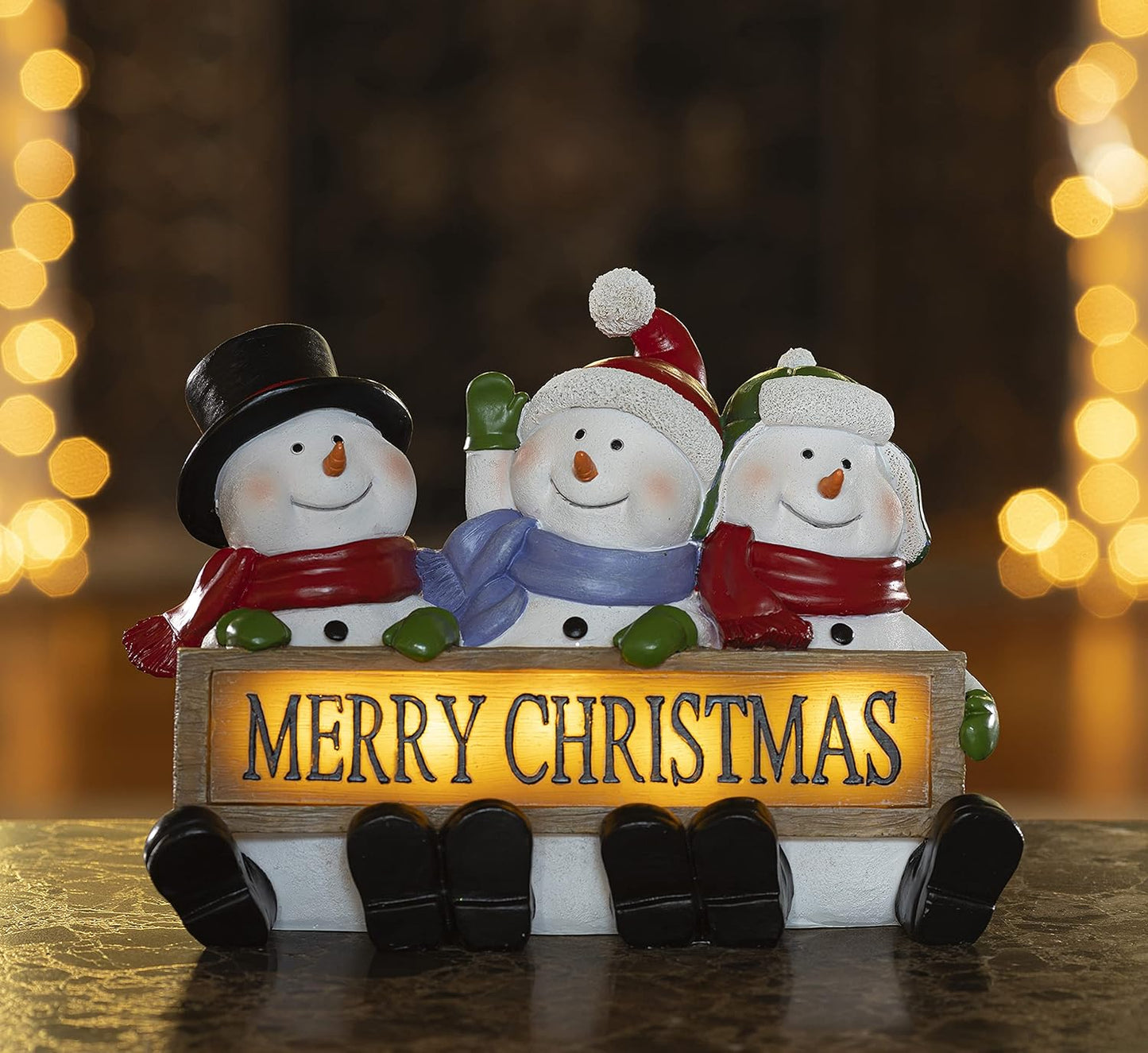 LED Lighted Snowman Trio - Glowing Merry Christmas Sign Figurines, Resin Fiber Optic Decor for Indoor Holiday Display