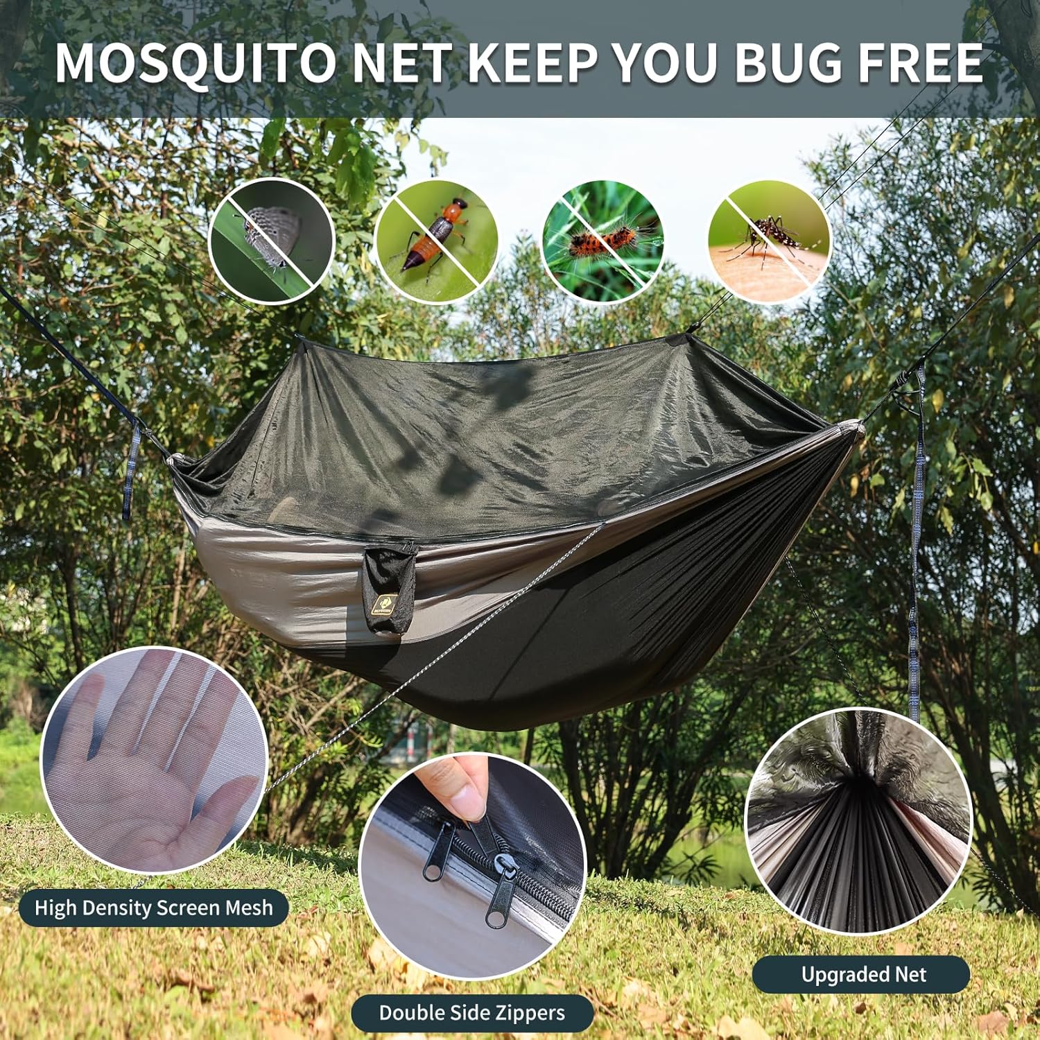 Lightweight Camping Hammock with Mosquito Net - Portable, Durable Nylon Hammock with Tree Straps & Carabiners