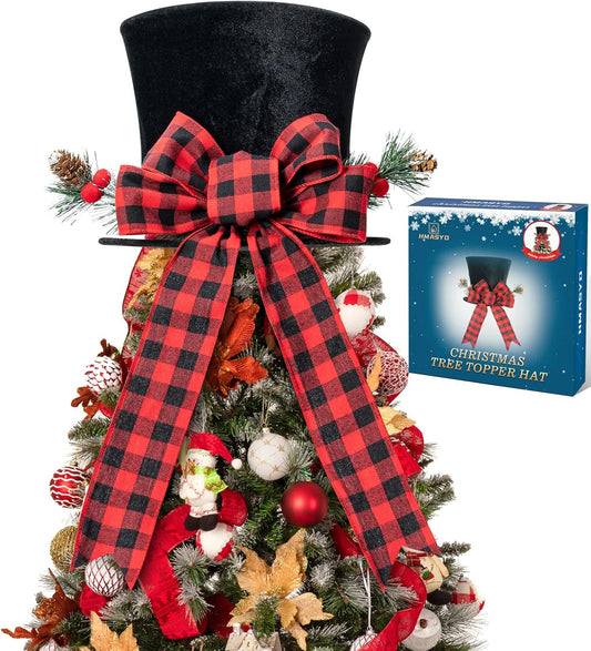 Rustic Black Christmas Tree Topper Hat with Buffalo Plaid Bow – Farmhouse Holiday Decor