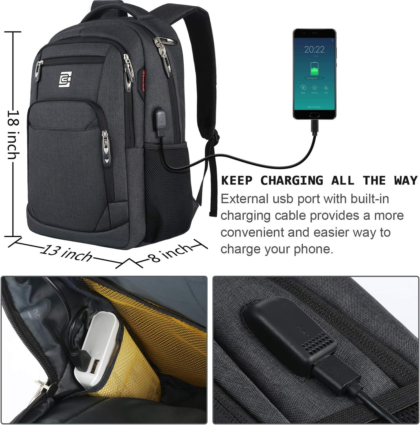 Slim Anti-Theft Laptop Backpack with USB Charging Port | Water-Resistant Business Travel Bag for 15.6" Laptops - Black