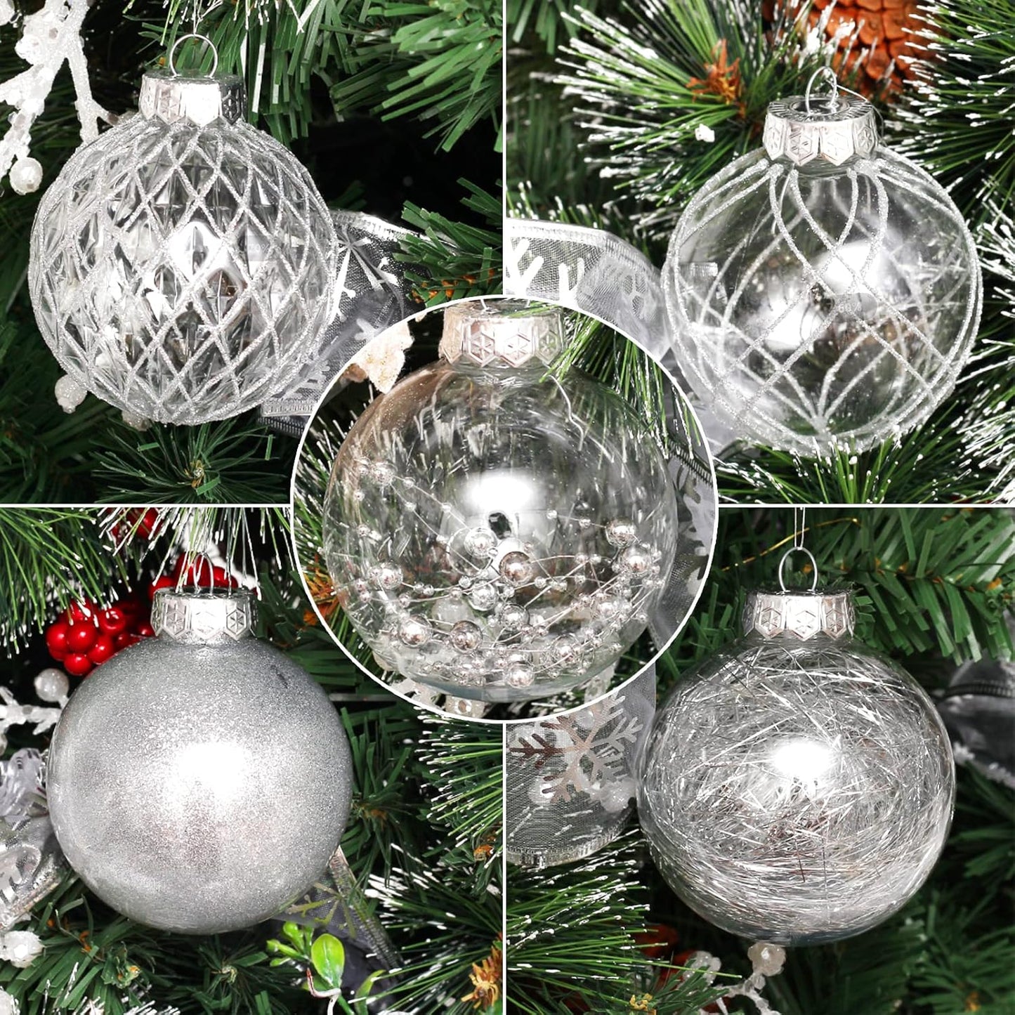 30-Pack Clear Shatterproof Christmas Ball Ornaments | 2.36 Inch Silver Baubles for Christmas Tree & Party Decorations