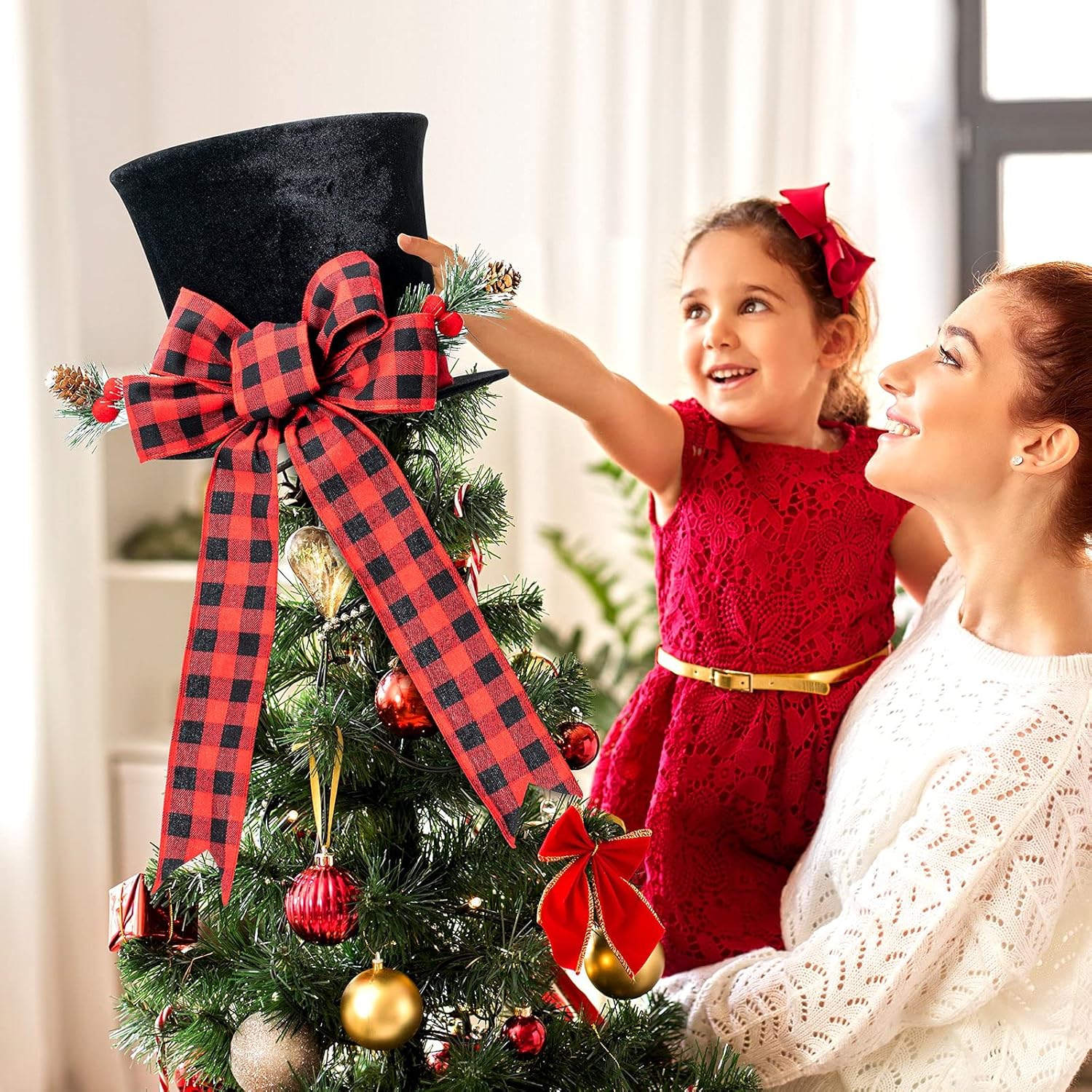 Rustic Black Christmas Tree Topper Hat with Buffalo Plaid Bow – Farmhouse Holiday Decor