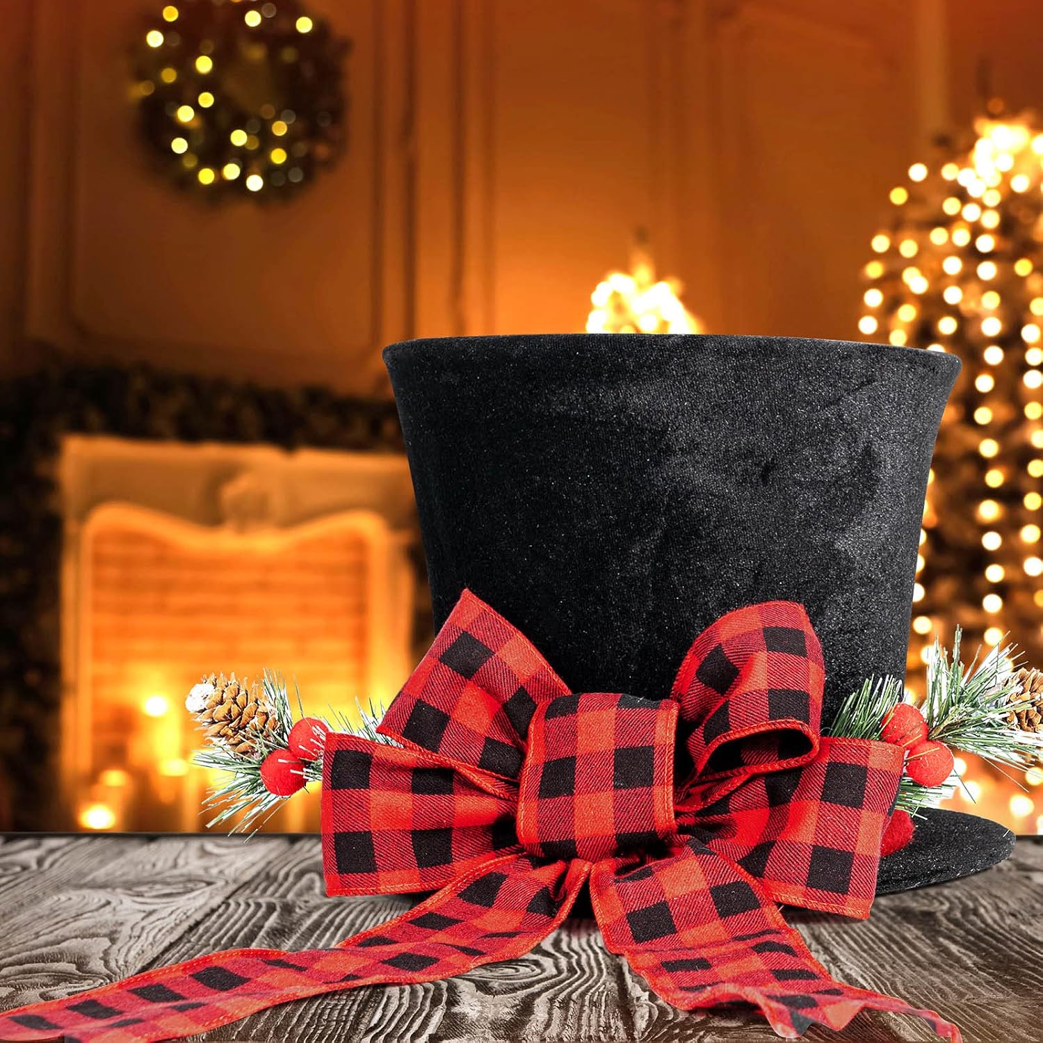 Rustic Black Christmas Tree Topper Hat with Buffalo Plaid Bow – Farmhouse Holiday Decor