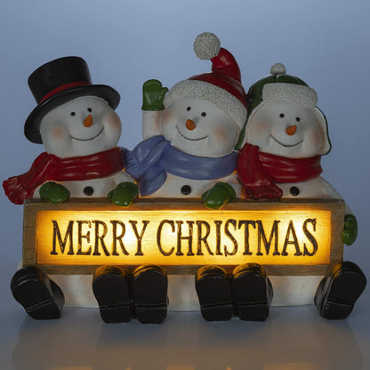 LED Lighted Snowman Trio - Glowing Merry Christmas Sign Figurines, Resin Fiber Optic Decor for Indoor Holiday Display