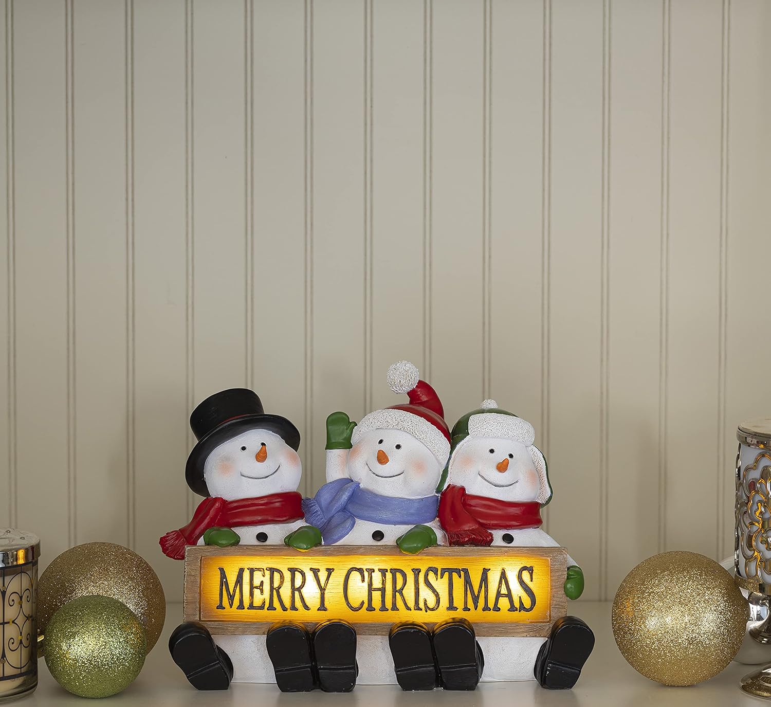 LED Lighted Snowman Trio - Glowing Merry Christmas Sign Figurines, Resin Fiber Optic Decor for Indoor Holiday Display