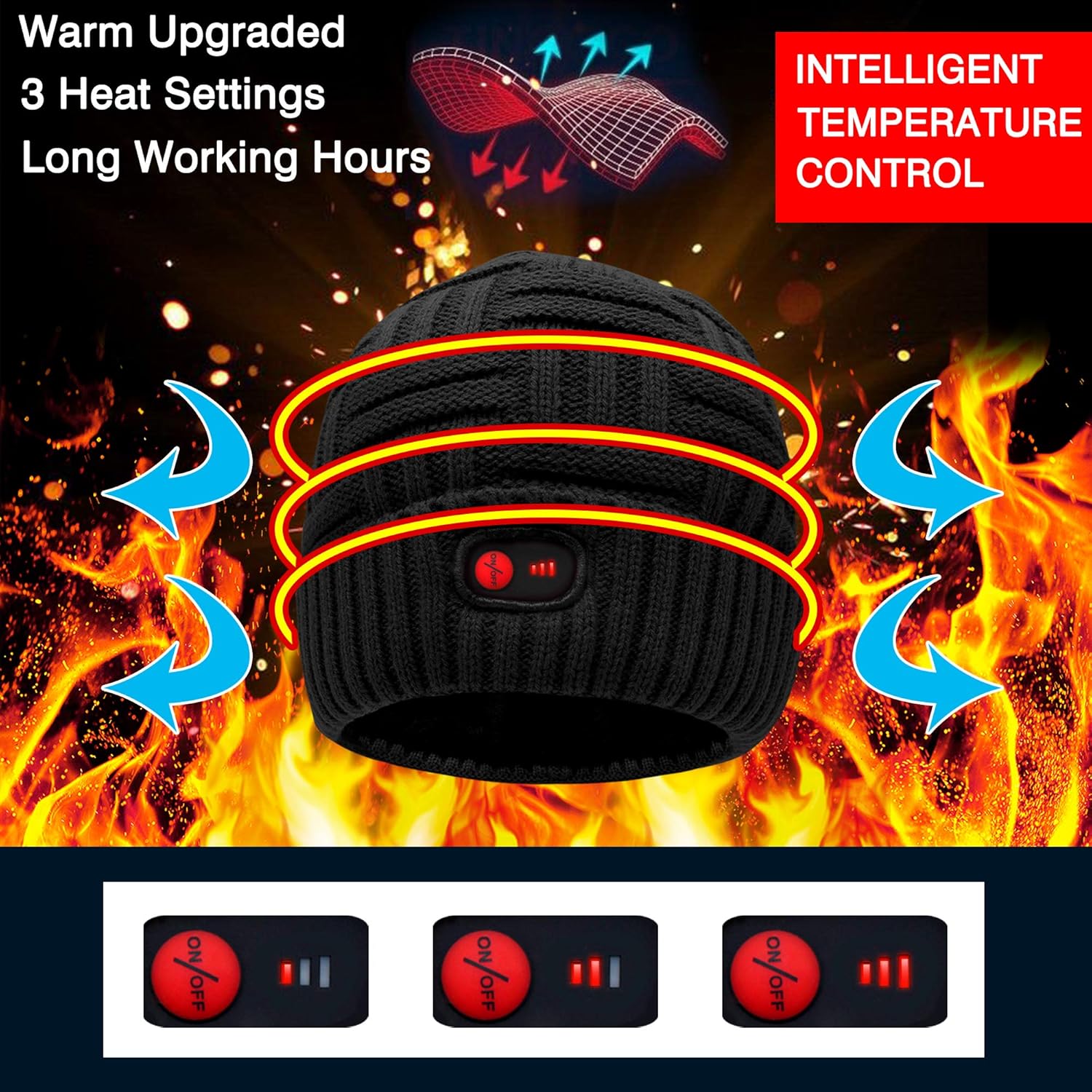 Rechargeable Heated Winter Hat – 7.4V Battery-Powered Warm Beanie for Men & Women, 3 Heat Settings, Fleece-Lined for Outdoor Activities