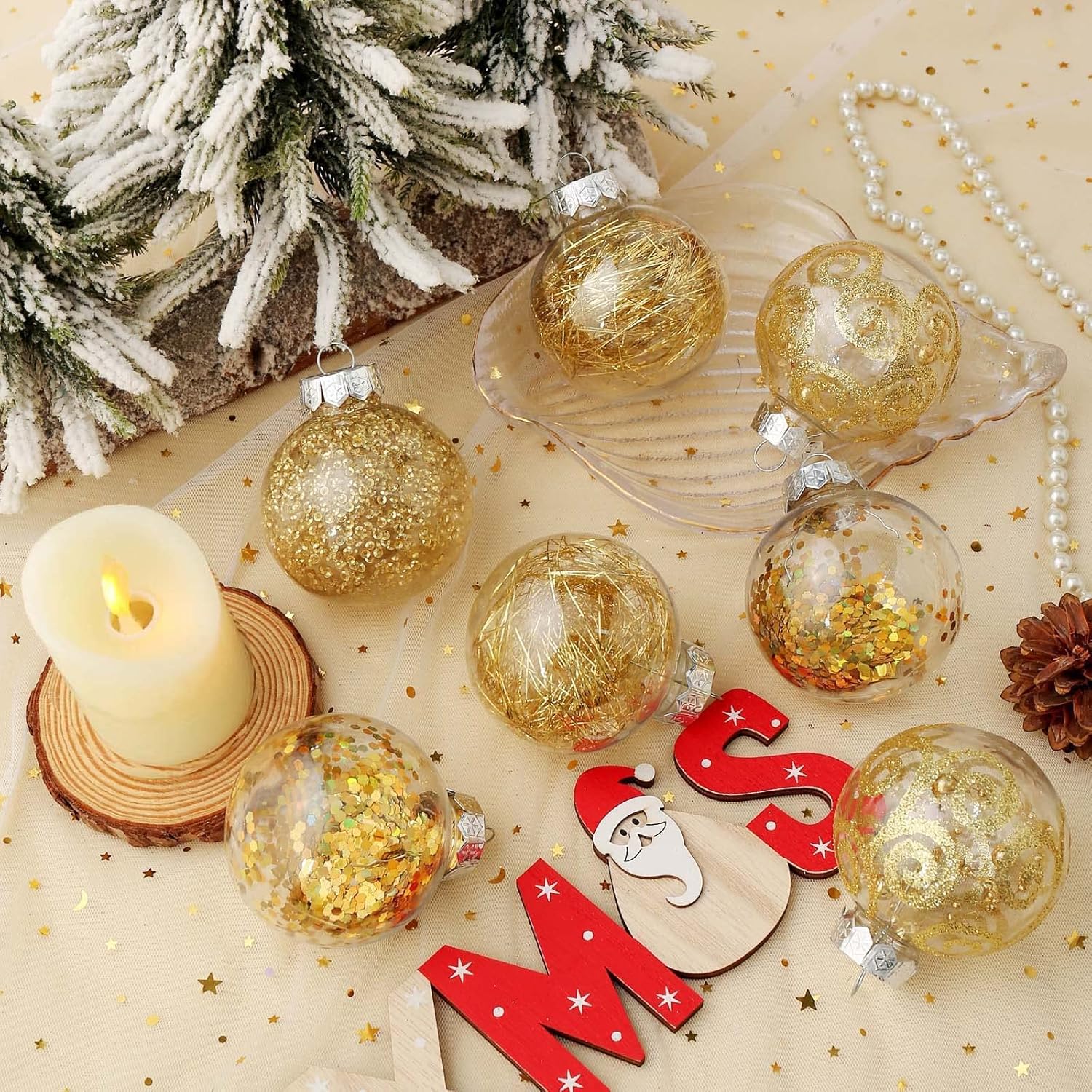 Shatterproof Gold Christmas Ball Ornaments – 70mm Large Clear Decorative Baubles with Delicate Fillings