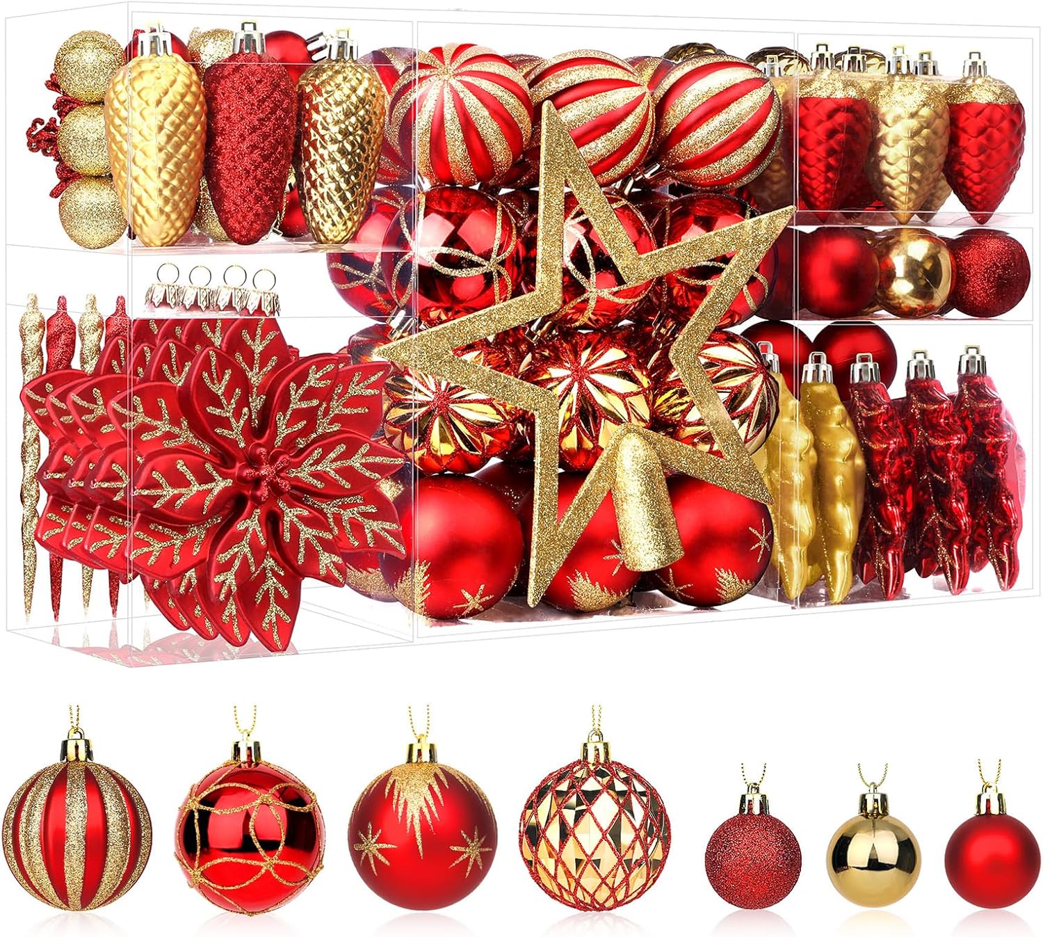 106PCS Christmas Ornament Set – Red & Gold Shatterproof Baubles with Hooks for Tree, Party & Wedding Decor