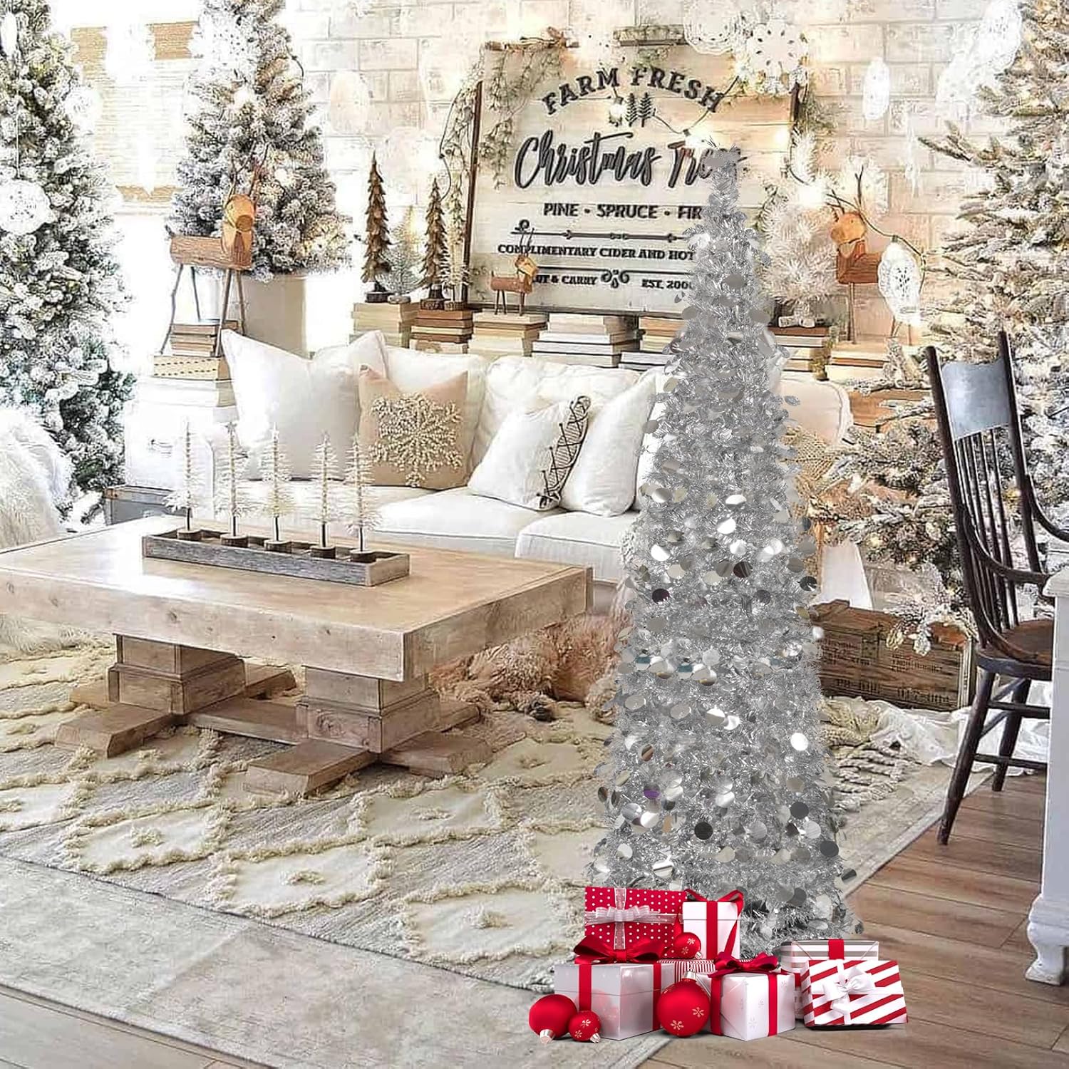 5Ft Pop-Up Christmas Tree with Lights & Ornaments – Silver Tinsel Tree for Home, Office & Holiday Decor