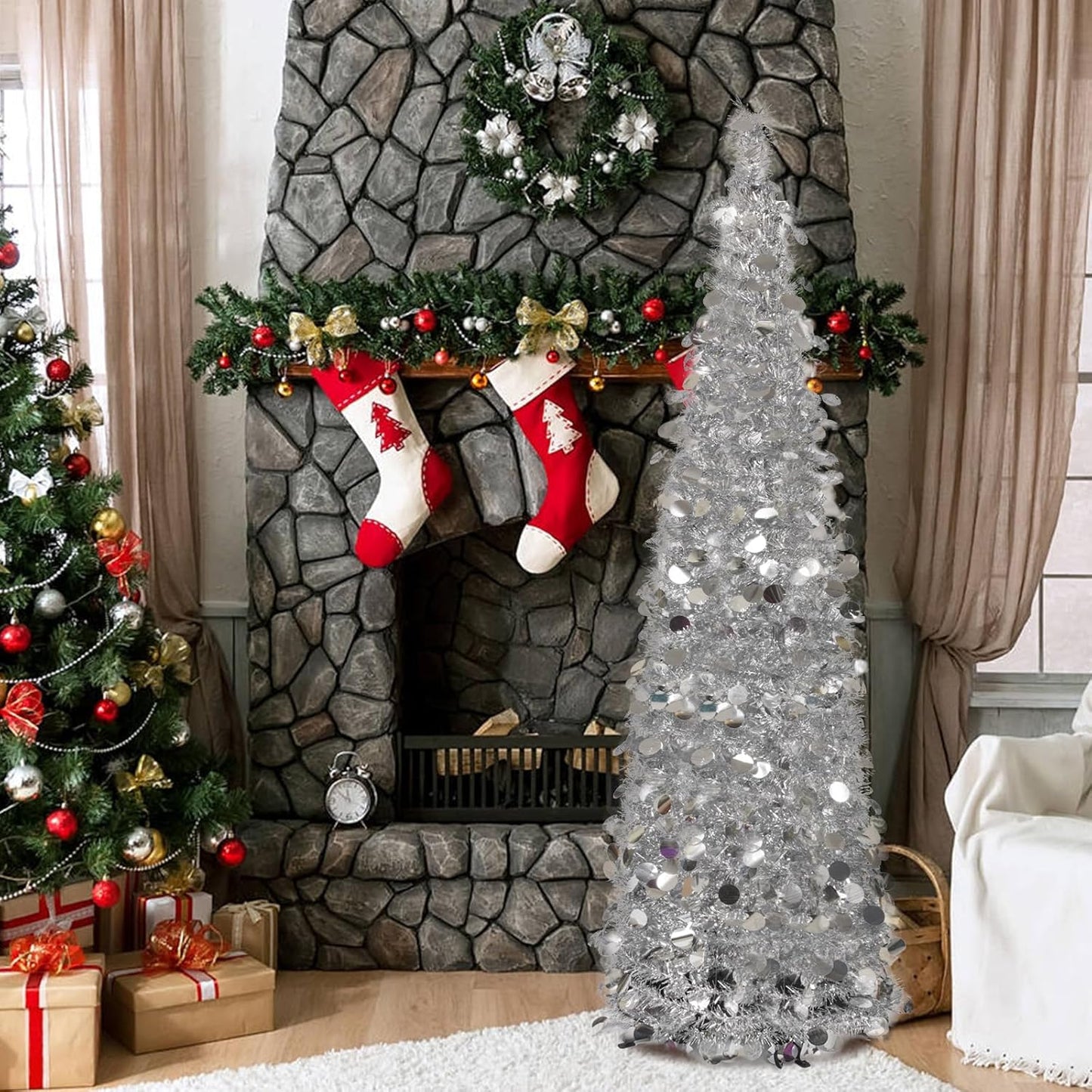 5Ft Pop-Up Christmas Tree with Lights & Ornaments – Silver Tinsel Tree for Home, Office & Holiday Decor