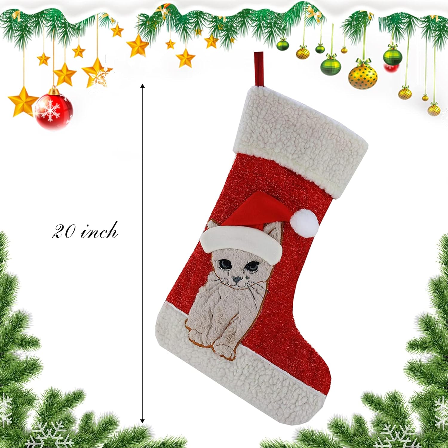 20'' Cat Christmas Stocking – Embroidered Velvet Holiday Decor for Kitty Gifts