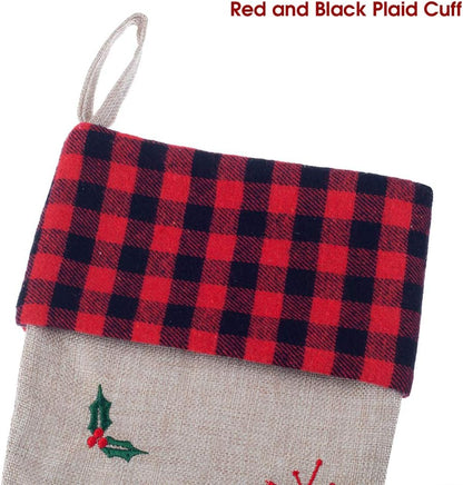 21-Inch Burlap Christmas Stockings with Embroidered Truck & Buffalo Plaid Cuff – Festive Holiday Gift Holders