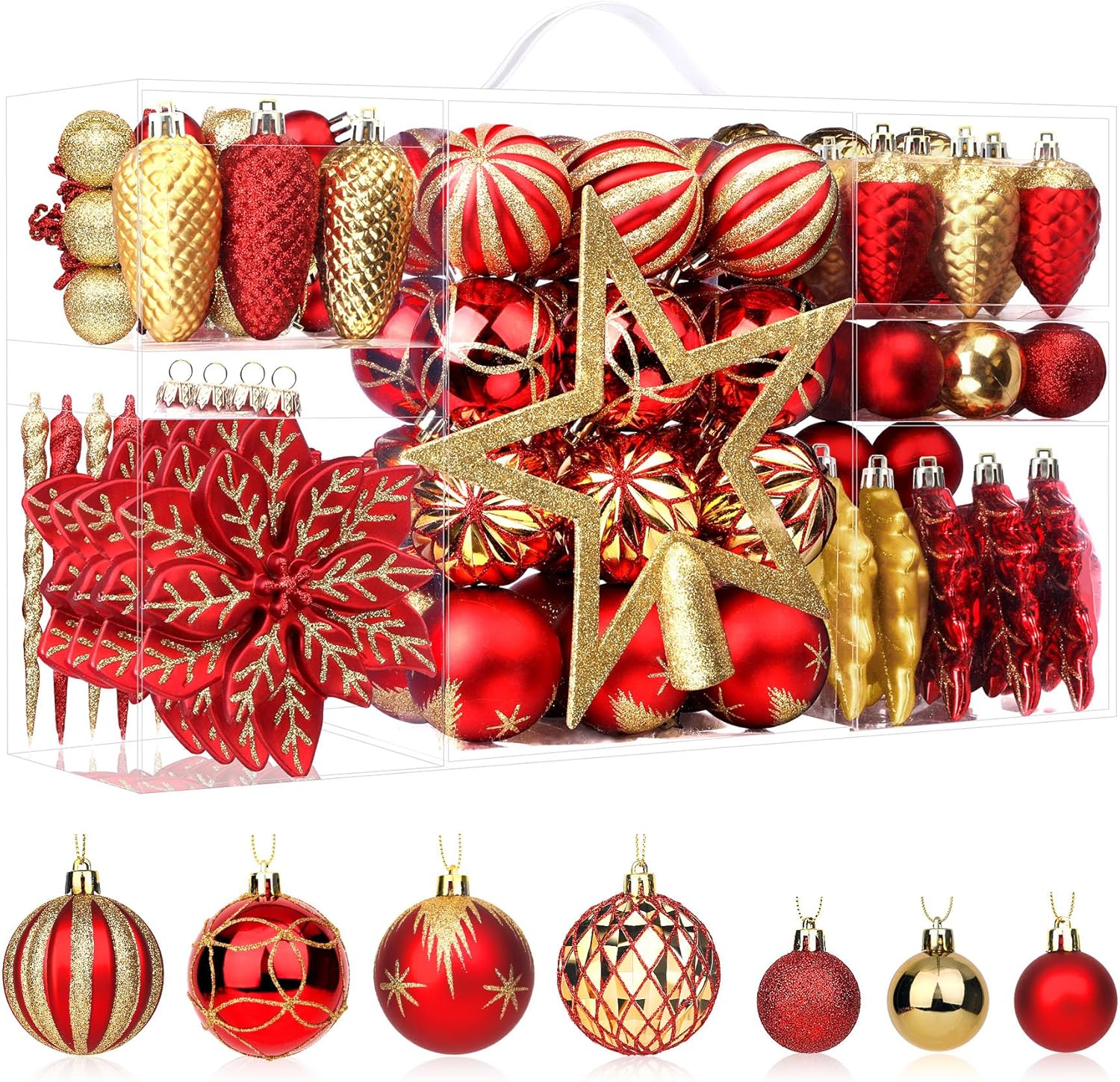 106PCS Christmas Ornament Set – Red & Gold Shatterproof Baubles with Hooks for Tree, Party & Wedding Decor