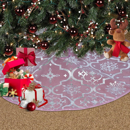 48'' Rose Pink Christmas Tree Skirt with Snowflakes - Glittery Tree Skirt for Slim Trees, Includes Matching Stocking