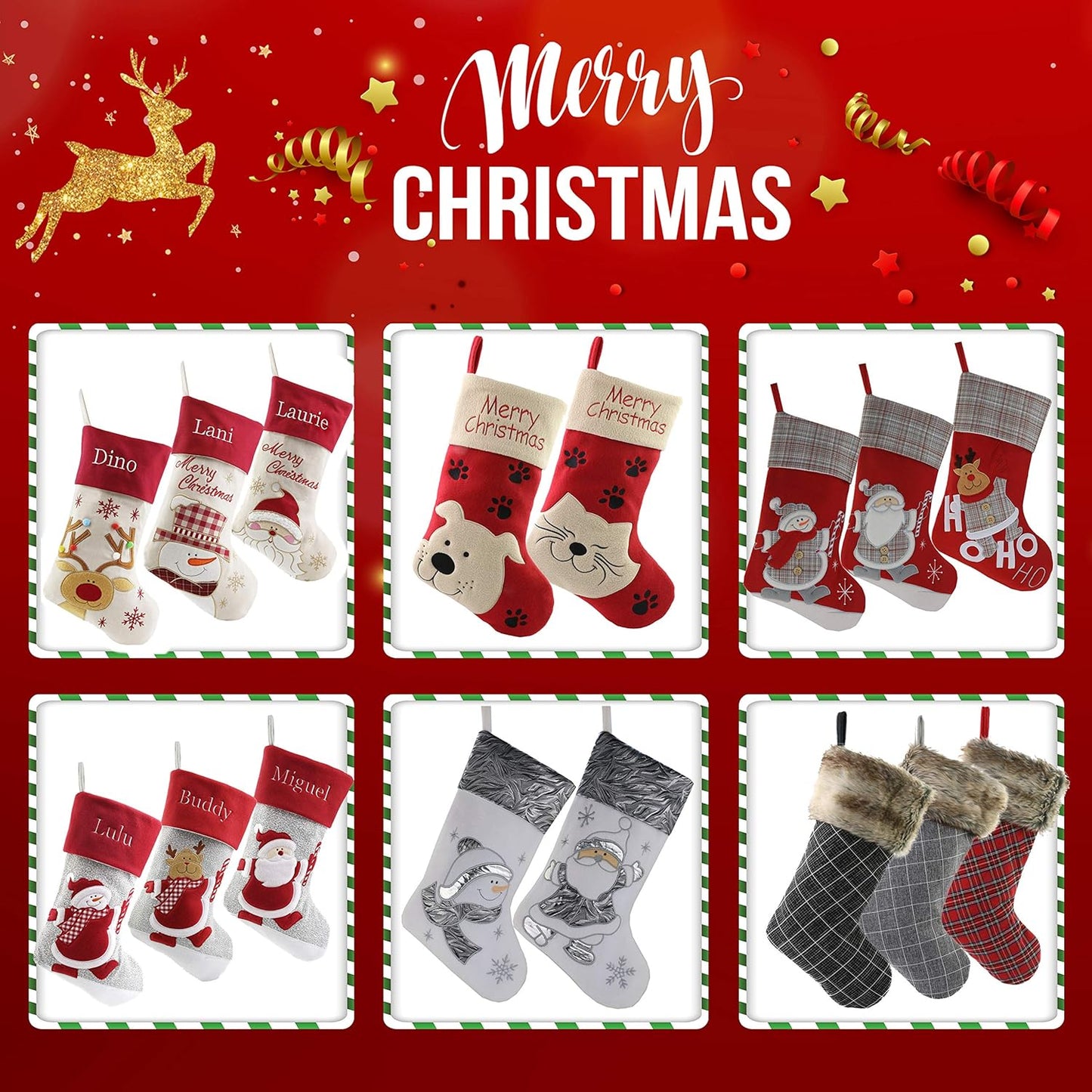 18'' Luxury Gold Christmas Stockings – Set of 3 with Santa, Snowman & Reindeer for Kids & Family