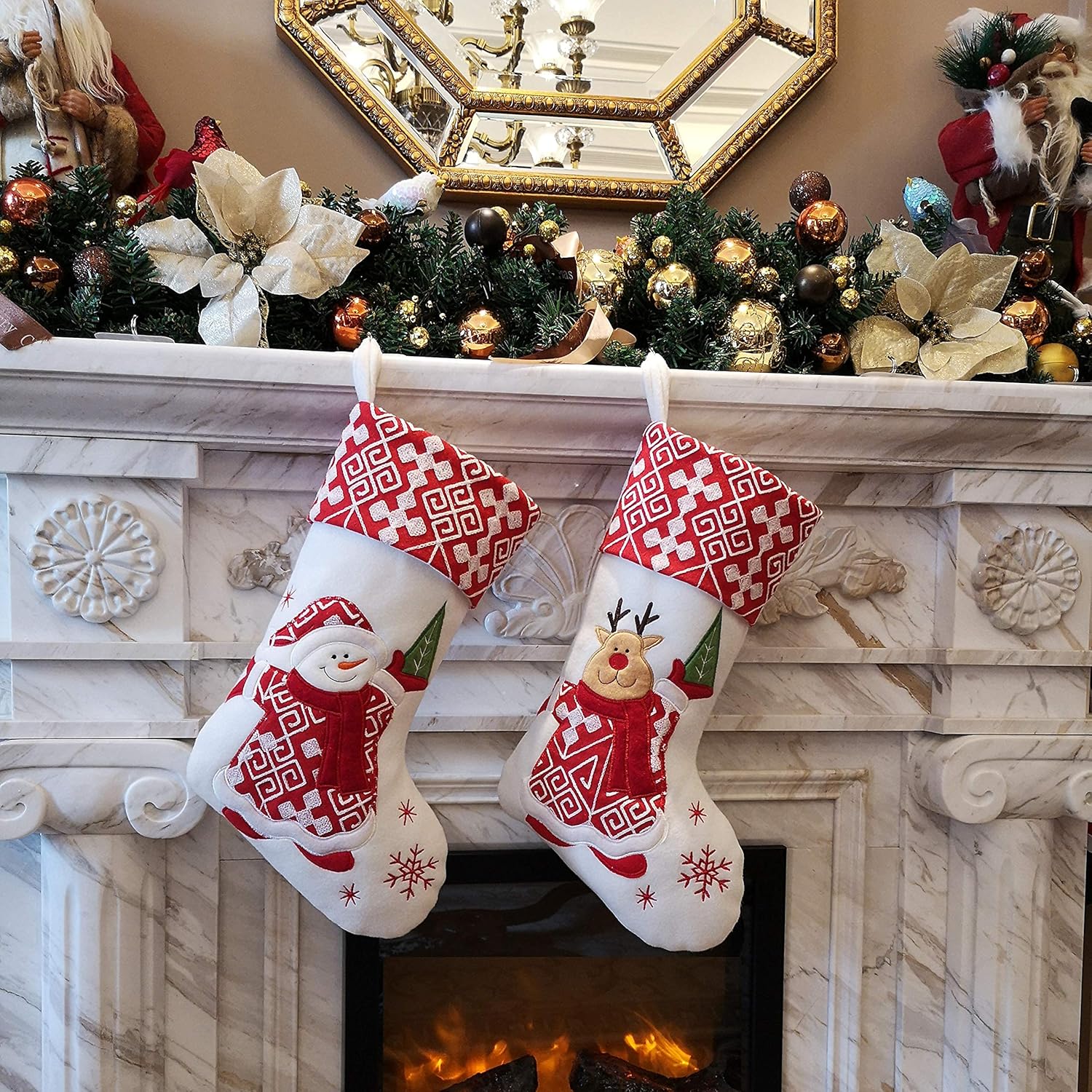 Classic Christmas Stockings Set of 2 – Santa & Snowman 17'' Velvet Holiday Decor