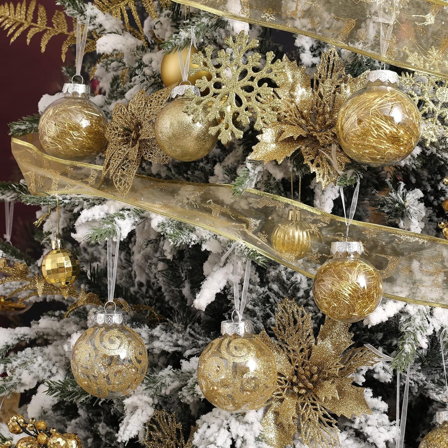 Shatterproof Gold Christmas Ball Ornaments – 70mm Large Clear Decorative Baubles with Delicate Fillings