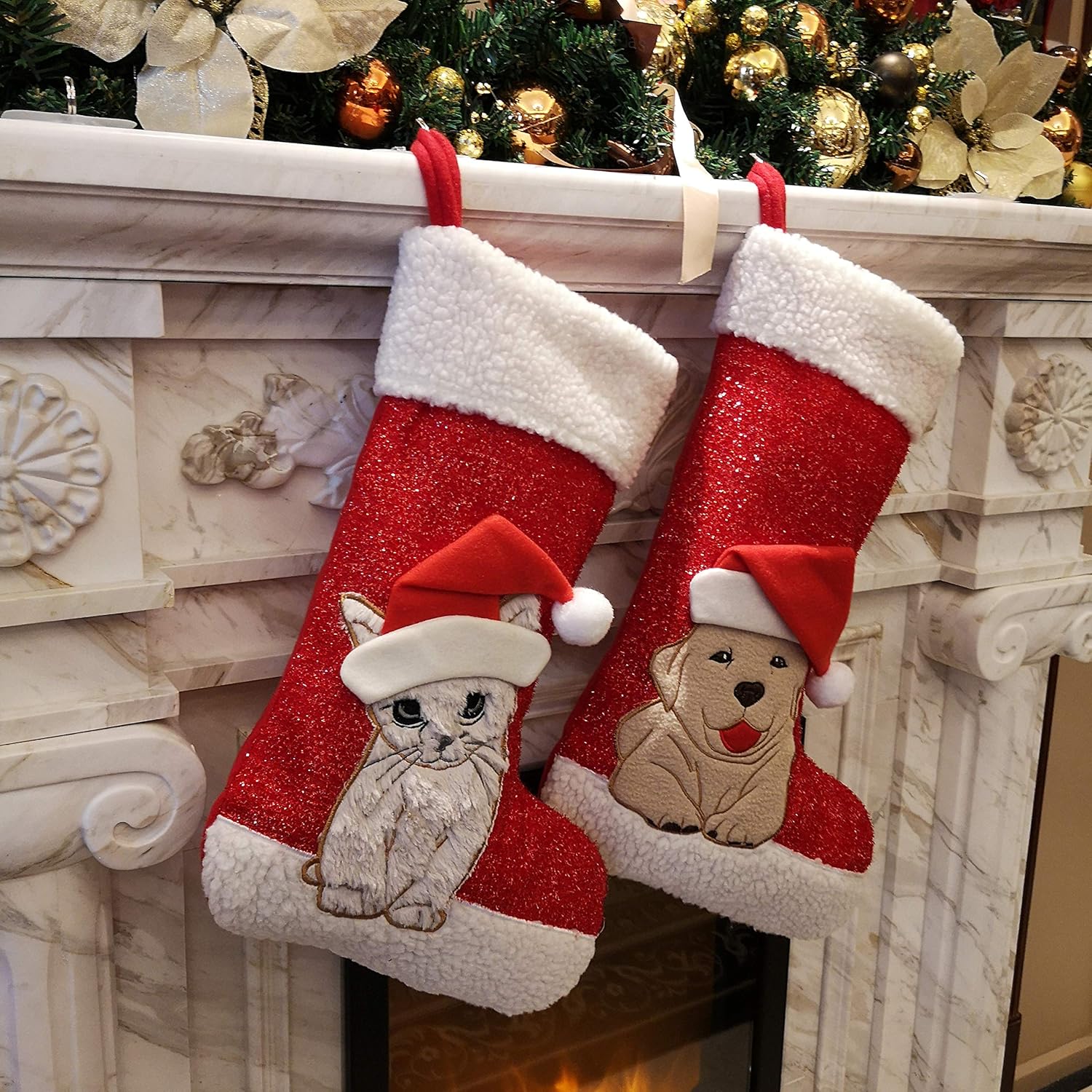 20'' Cat Christmas Stocking – Embroidered Velvet Holiday Decor for Kitty Gifts