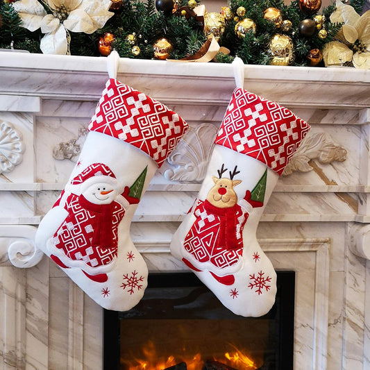 Classic Christmas Stockings Set of 2 – Santa & Snowman 17'' Velvet Holiday Decor