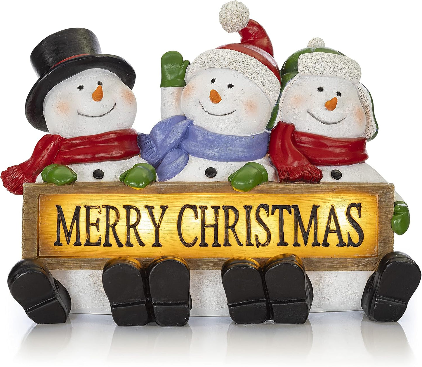 LED Lighted Snowman Trio - Glowing Merry Christmas Sign Figurines, Resin Fiber Optic Decor for Indoor Holiday Display