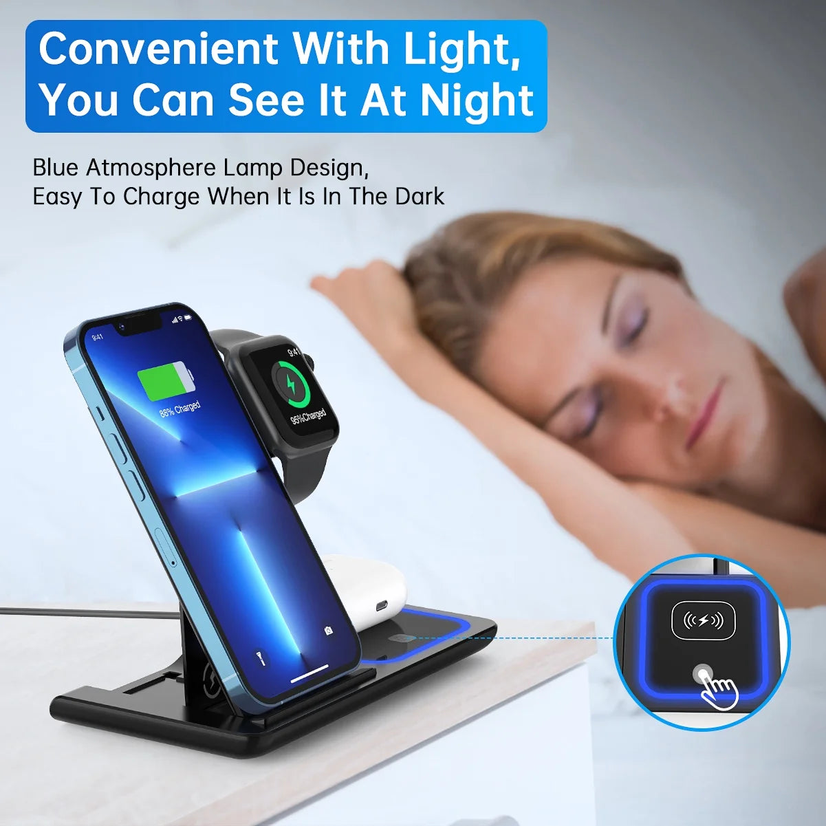 3-in-1 Wireless Charging Station for iPhone, Apple Watch, and AirPods | 18W Fast Charger with QC3.0 Adapter