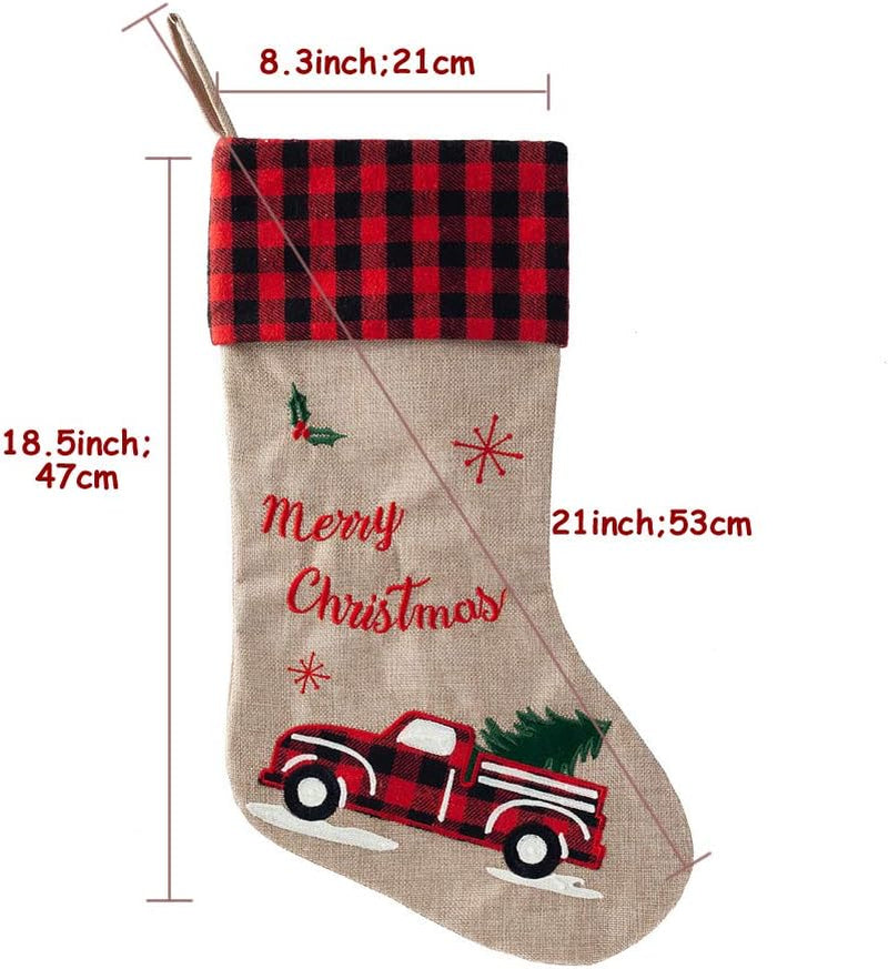 21-Inch Burlap Christmas Stockings with Embroidered Truck & Buffalo Plaid Cuff – Festive Holiday Gift Holders