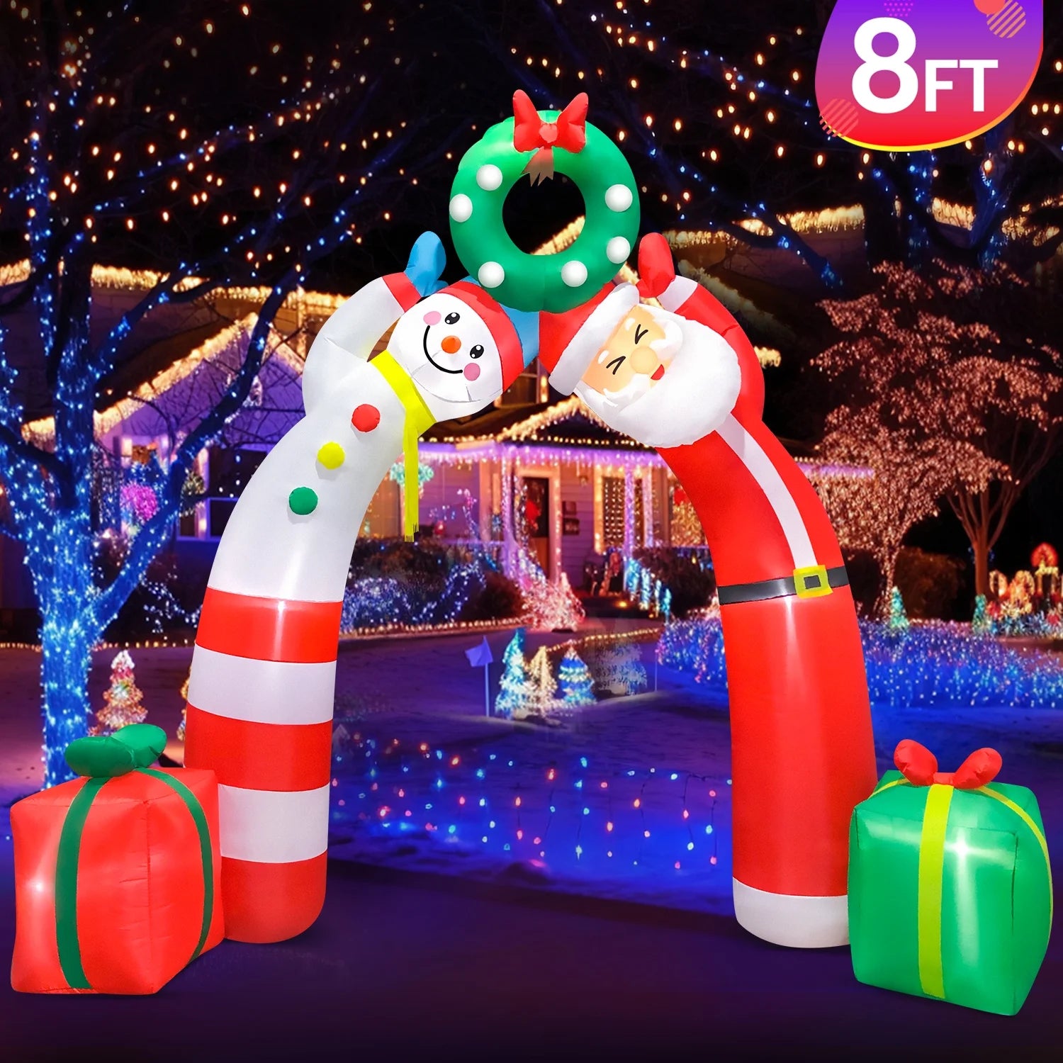 8' Christmas Inflatable Archway with Santa Claus & Snowman | LED-Lit Outdoor Holiday Decoration for Lawn & Garden