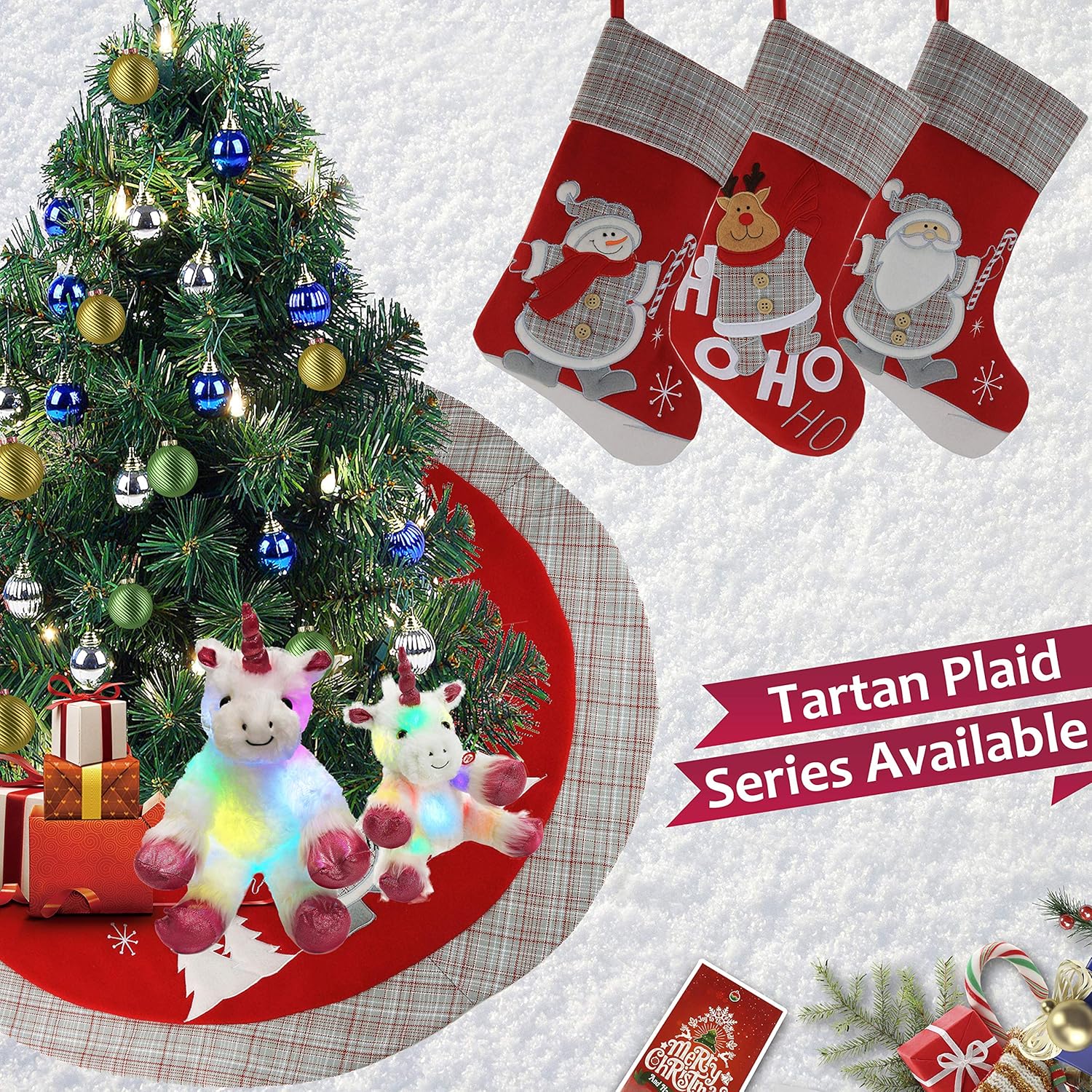 Christmas Stockings Set of 3 – Santa, Snowman & Reindeer 3D Plush with Knit Border, 17'' Large Hanging Decor