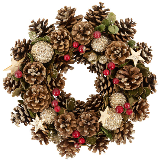 12” Glittered Pine Cone and Berry Christmas Wreath - Unlit Rustic Holiday Decor