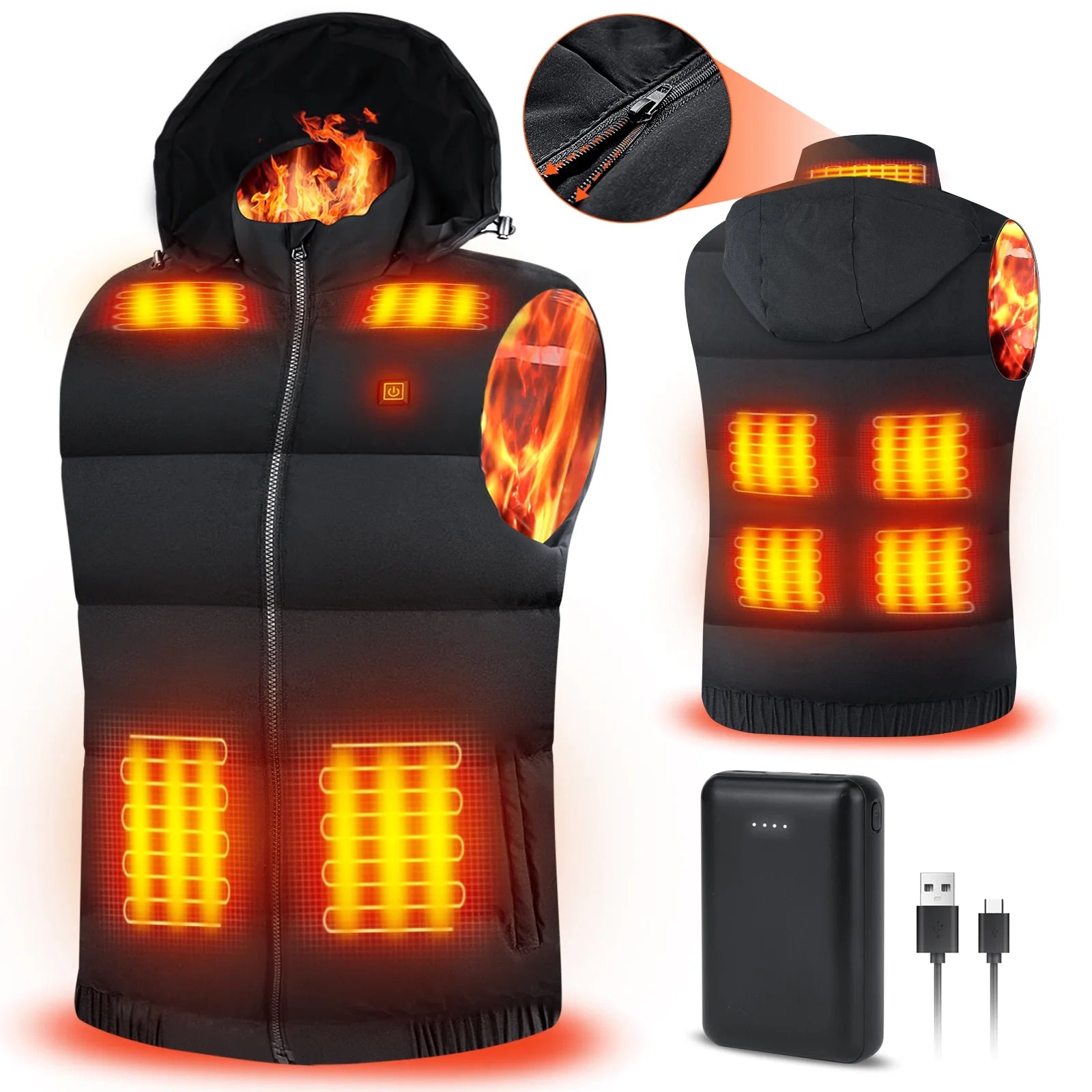 Heated Vest with 10000mAh Battery Pack & Detachable Hood - 9 Heating Zones, 3 Levels - Size XL