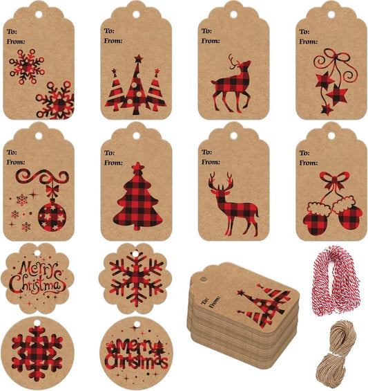 120 PCS Christmas Kraft Gift Tags with String – Festive Holiday Labels for Gifts, DIY, and Décor