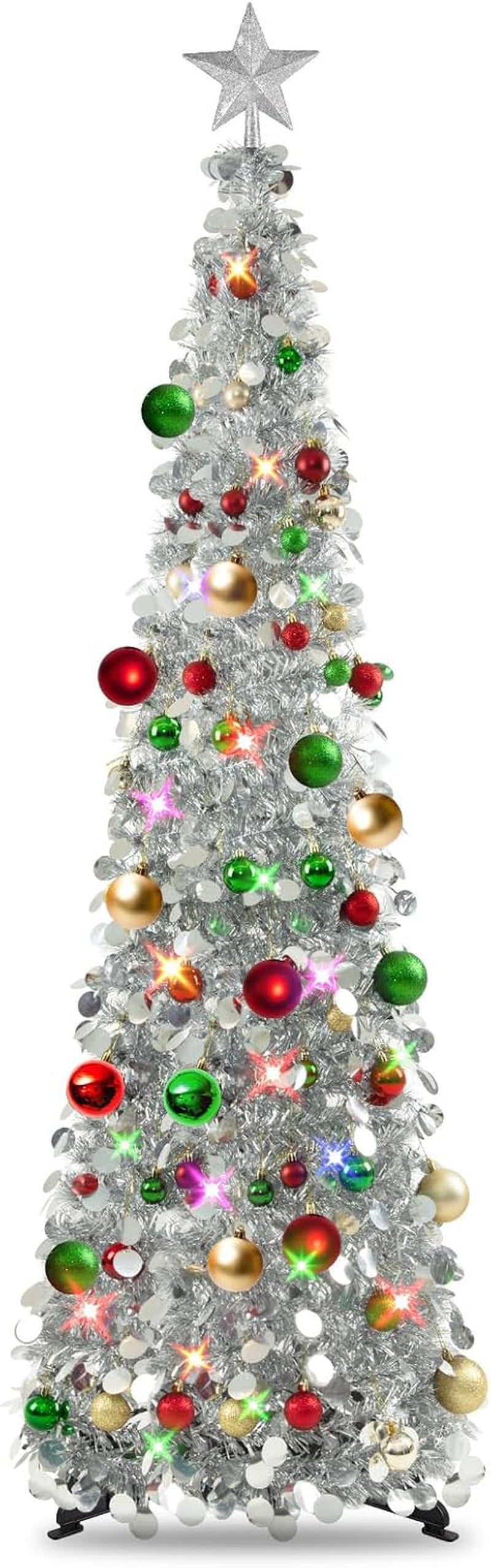 5Ft Pop-Up Christmas Tree with Lights & Ornaments – Silver Tinsel Tree for Home, Office & Holiday Decor