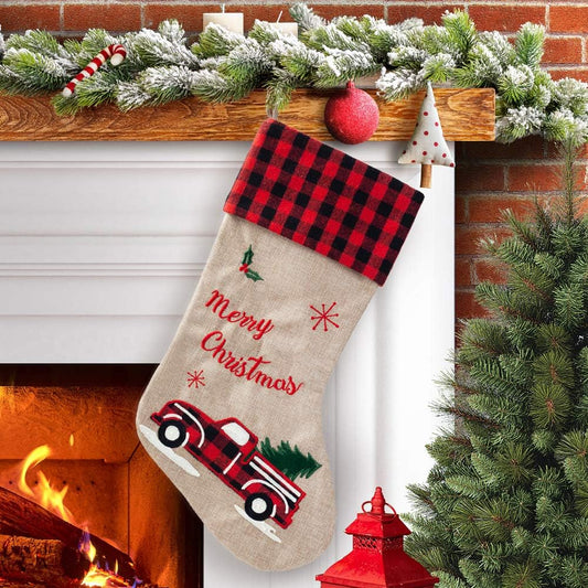 21-Inch Burlap Christmas Stockings with Embroidered Truck & Buffalo Plaid Cuff – Festive Holiday Gift Holders