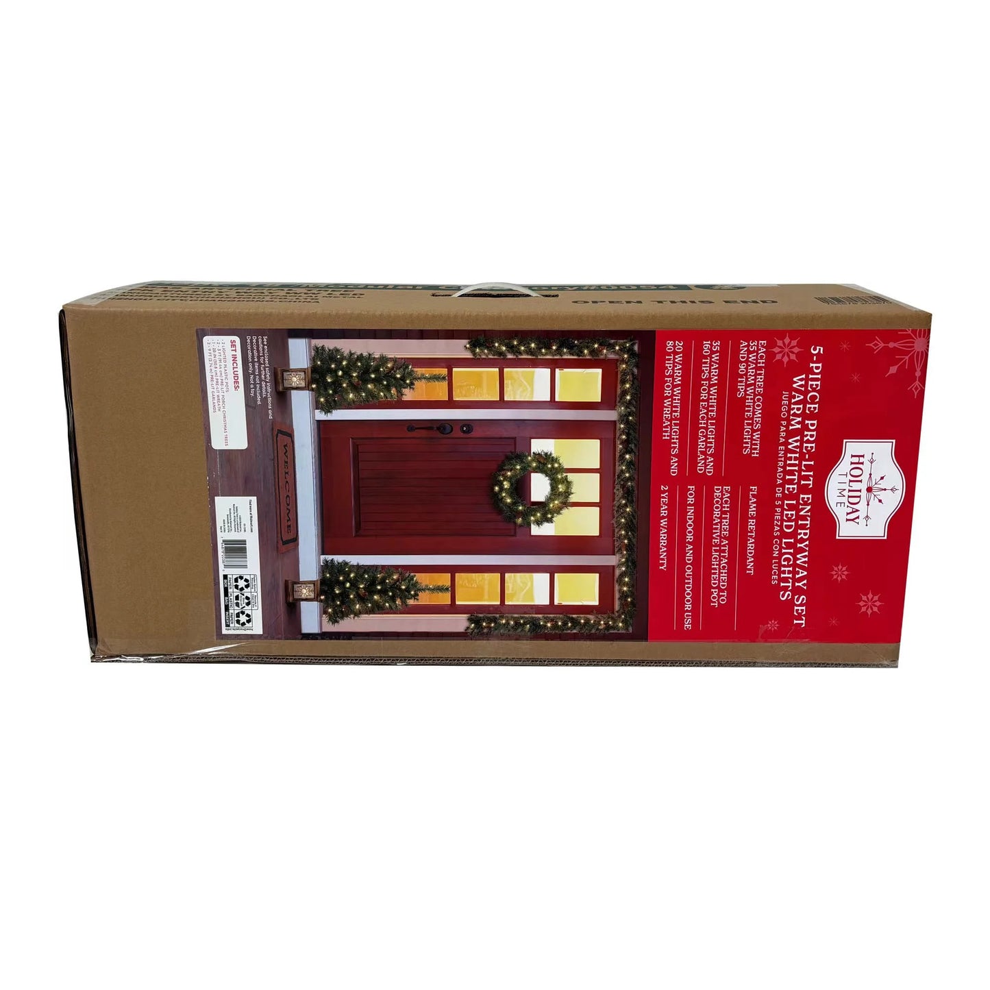 5-Piece Pre-Lit Christmas Entryway Set with Warm White LED Lights - Trees, Wreath & Garlands