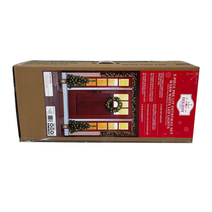 5-Piece Pre-Lit Christmas Entryway Set with Warm White LED Lights - Trees, Wreath & Garlands