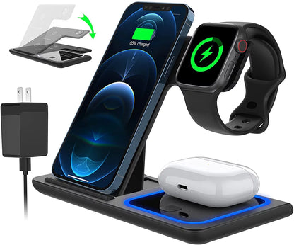 3-in-1 Wireless Charging Station for iPhone, Apple Watch, and AirPods | 18W Fast Charger with QC3.0 Adapter