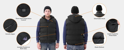 Heated Vest with 10000mAh Battery Pack & Detachable Hood - 9 Heating Zones, 3 Levels - Size XL