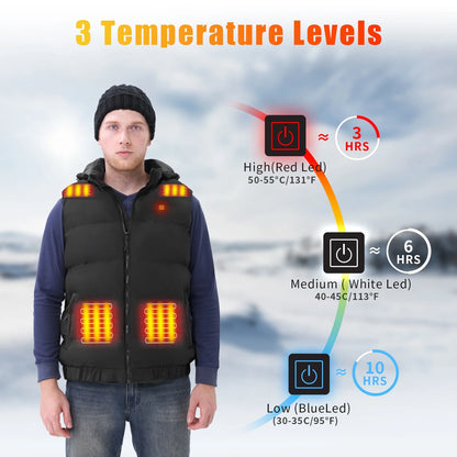 Heated Vest with 10000mAh Battery Pack & Detachable Hood - 9 Heating Zones, 3 Levels - Size XL