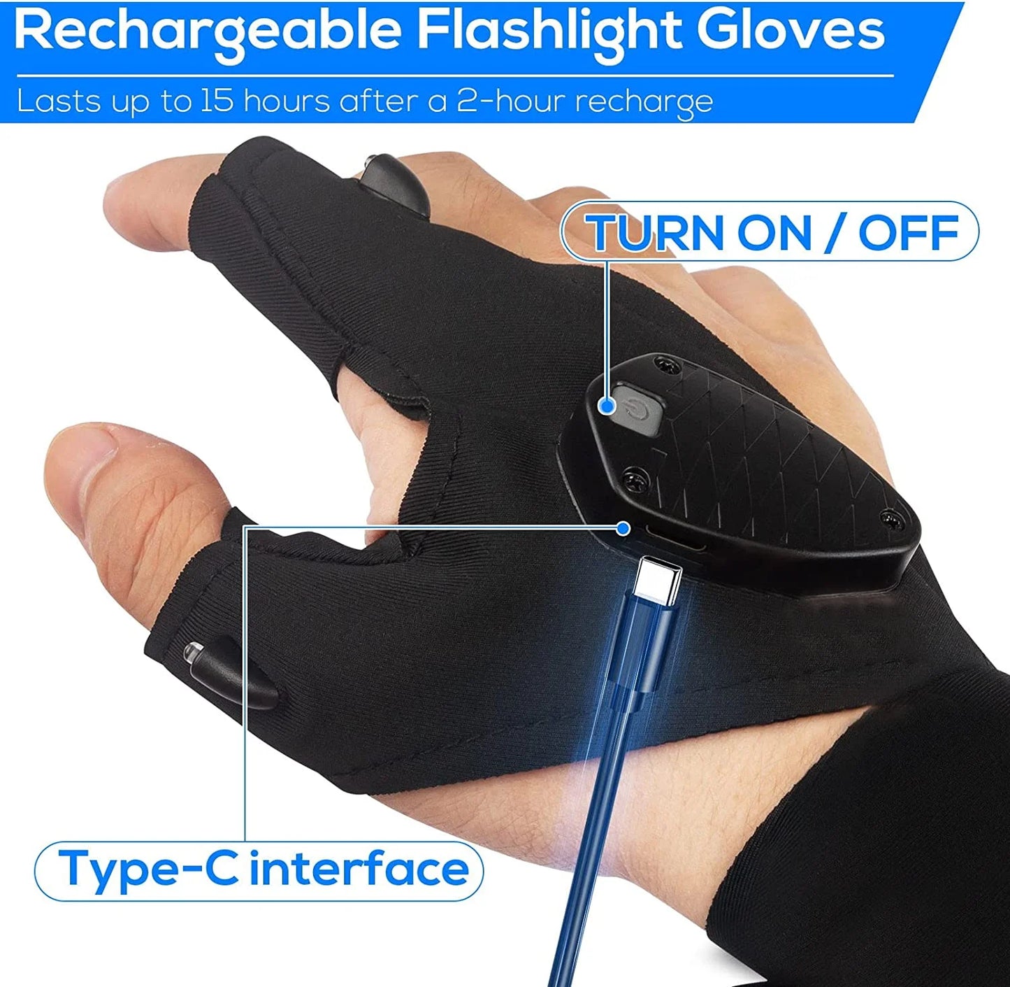 Rechargeable LED Flashlight Gloves - Waterproof Hands-Free Light for Fishing, Camping & Repairs